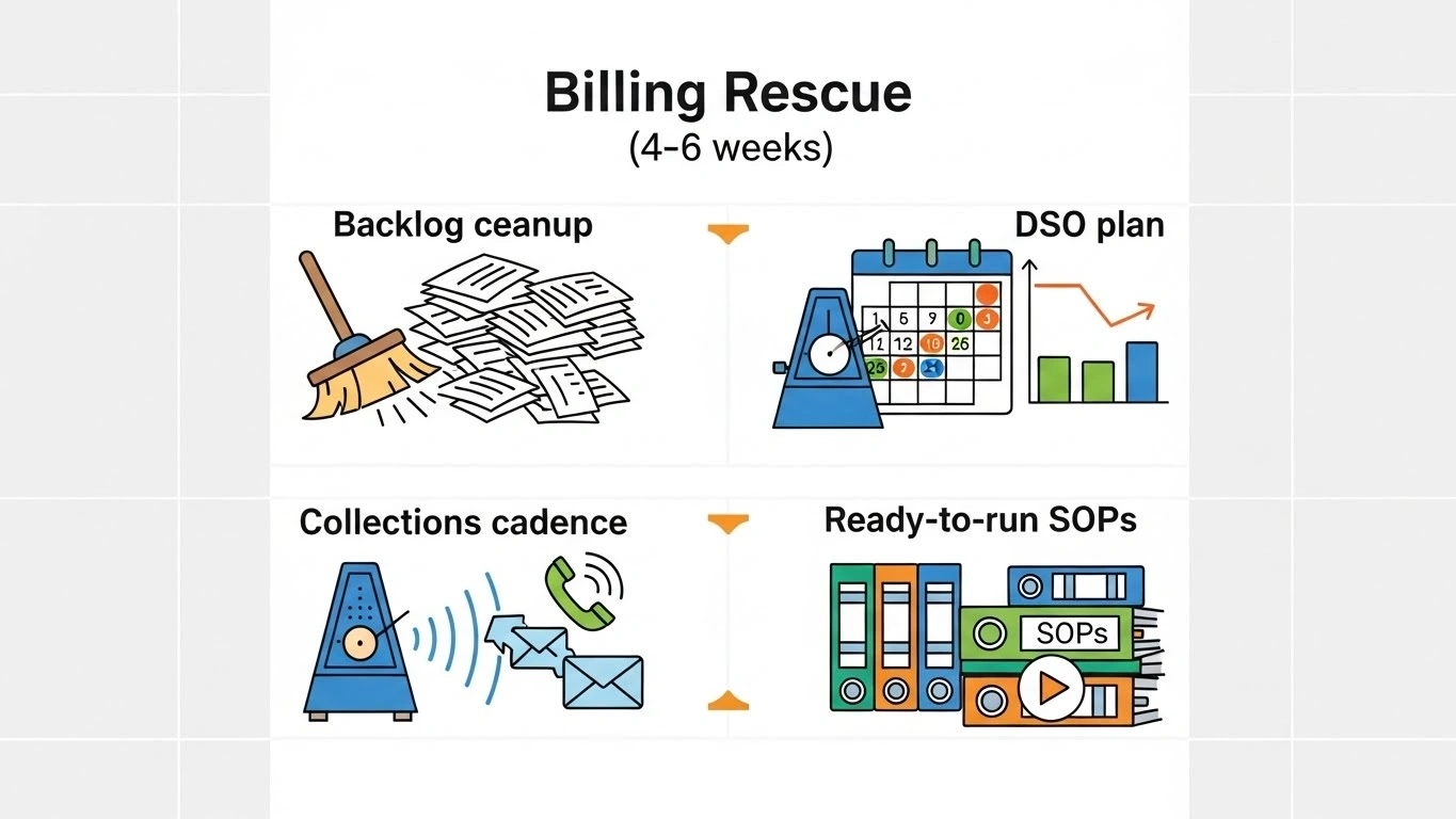 Billing Rescue (4–6 weeks) Backlog cleanup, DSO plan, collections cadence; ready‑to‑run SOPs