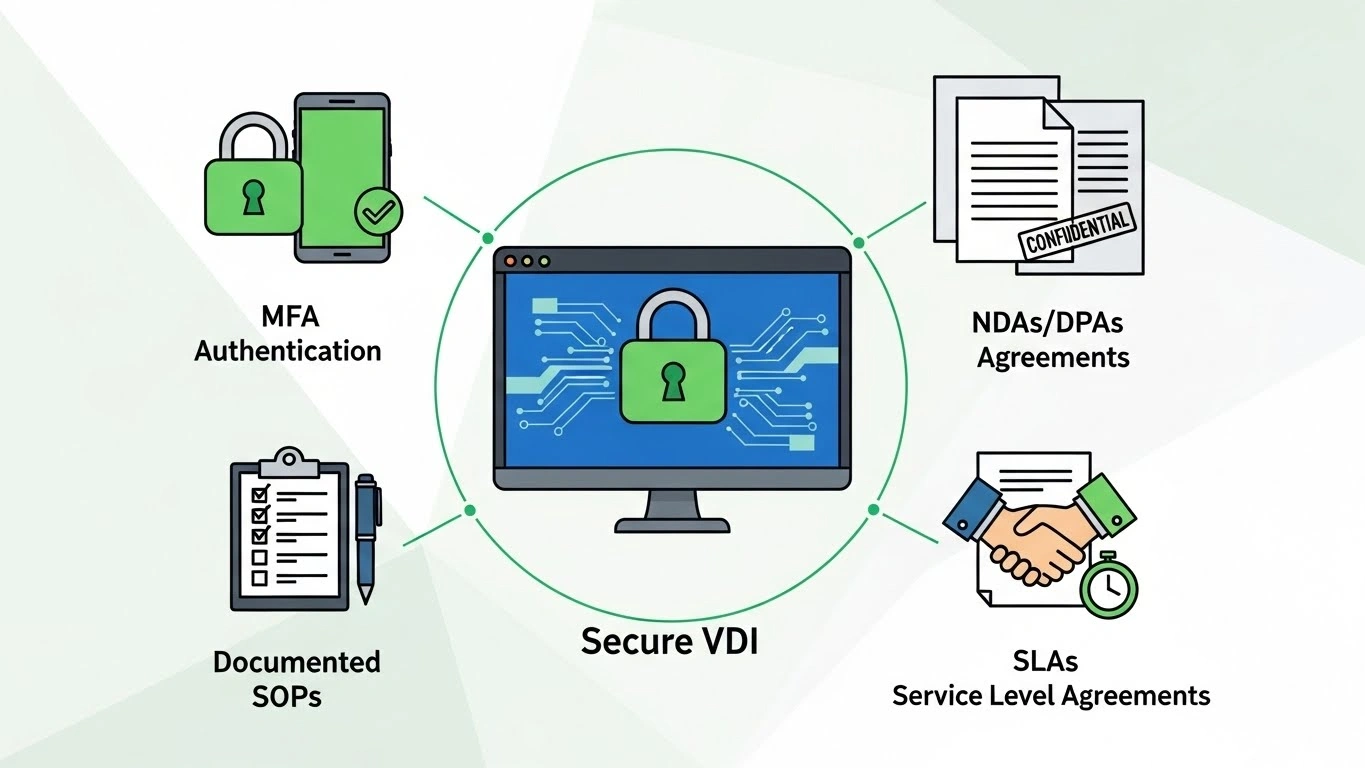 Secure VDI MFA NDAs DPAs Documented SOPs and SLAs